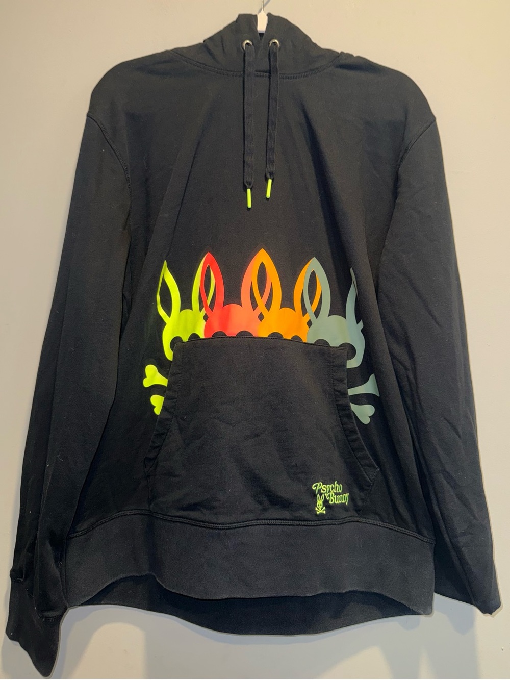 Psycho Bunny Black Crewneck Hoodie with Neon Bunny Gradient